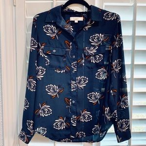 LOFT | Navy Sheer Floral Button Down Blouse